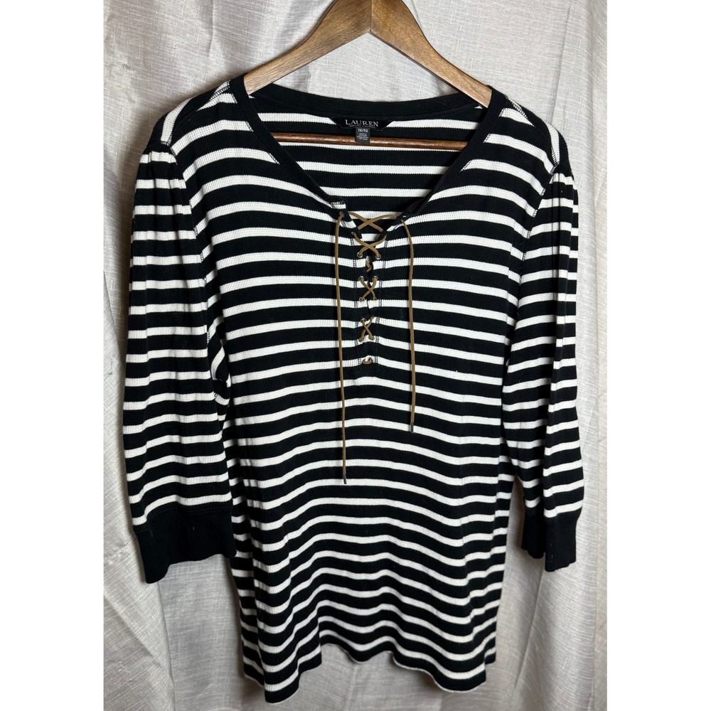 Lauren Ralph Lauren Women's 1X Blk Wht Striped Lace Up Front Thermal Long Sleeve